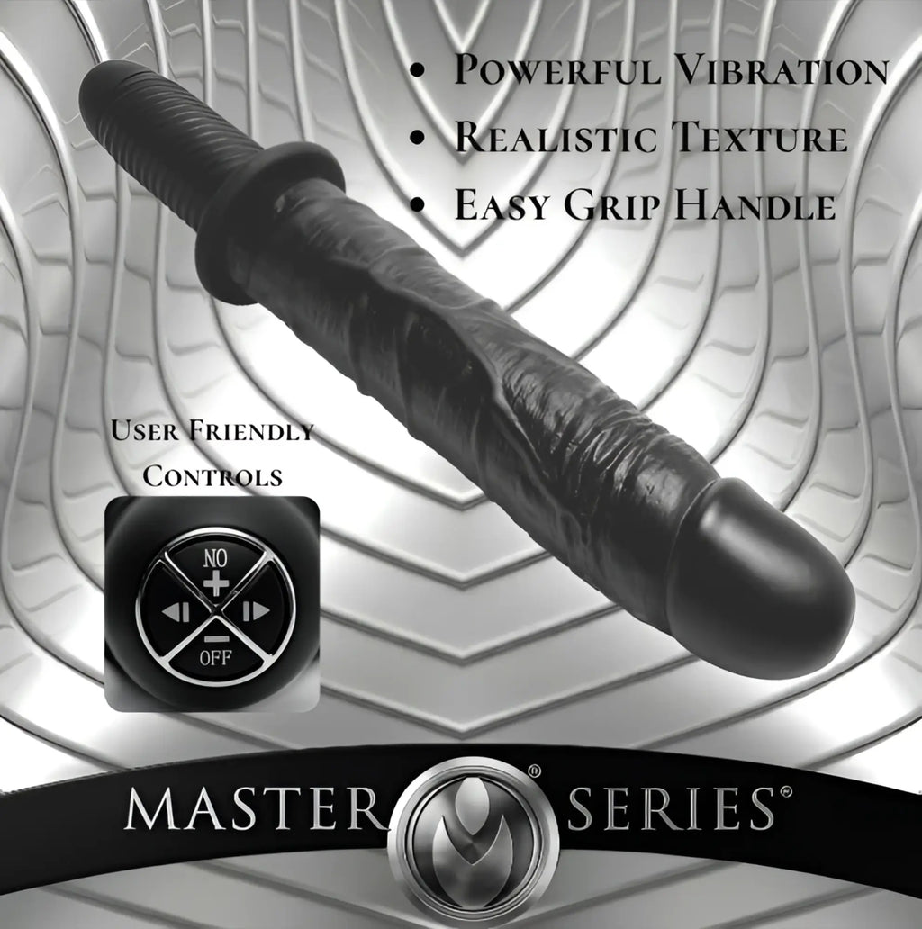 Master Series The Violator black XL textured dildo thruster with a user-friendly control panel and easy-grip handle.