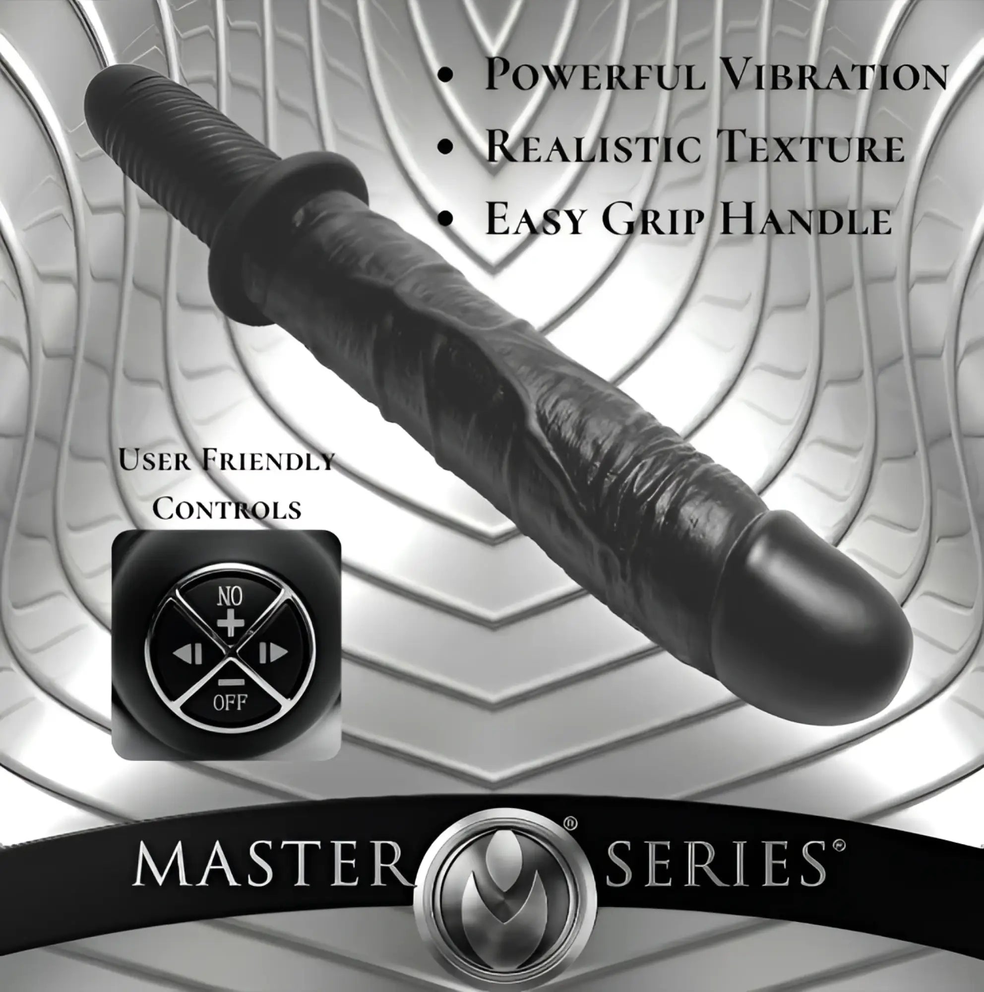 Master Series The Violator black XL textured dildo thruster with a user-friendly control panel and easy-grip handle.