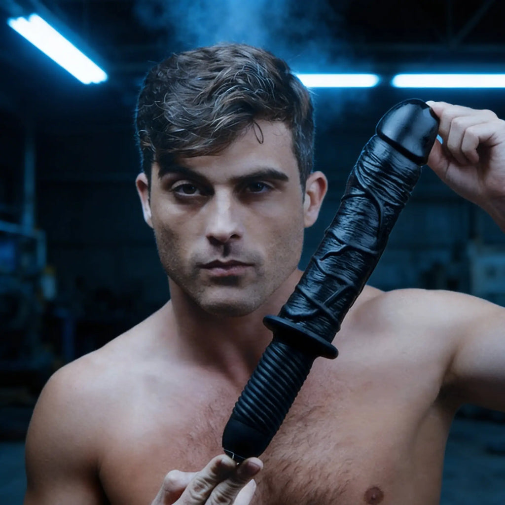 A man holds a black Master Series The Violator 13 Mode XL thruster, a realistic, textured dildo, against a blue background.