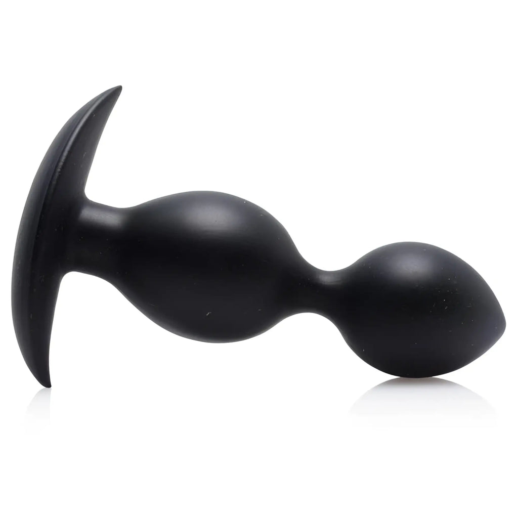 Master Series weighted beaded anal plug in matte black, featuring a T-shaped base and two graduated, bulbous beads.