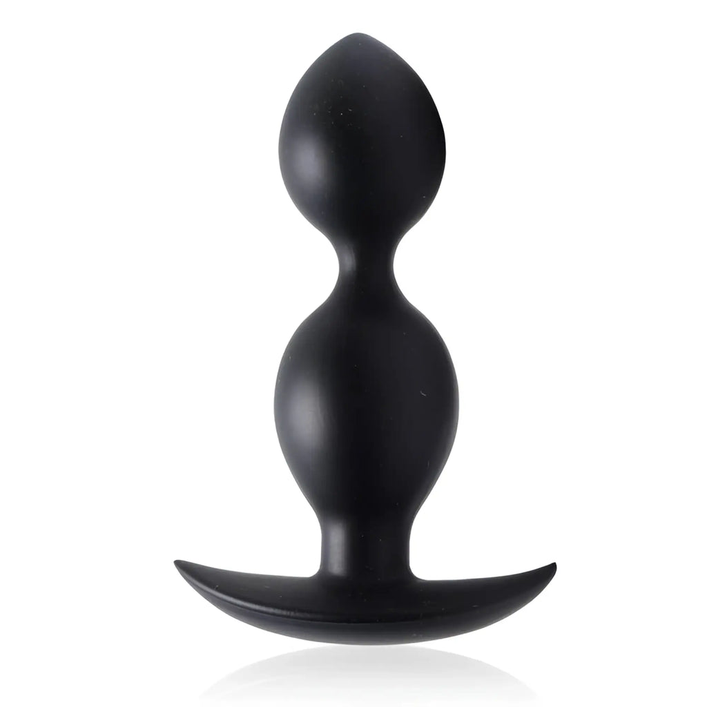 Master Series Weighted Beaded Anal Plug in matte black, featuring two spherical beads and a curved base.