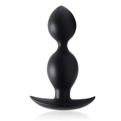 Master Series Weighted Beaded Anal Plug in matte black, featuring two spherical beads and a curved base.