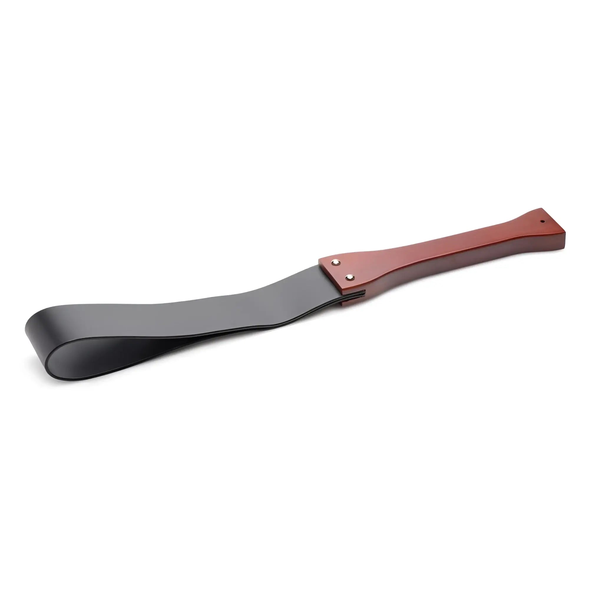 Master Series Wooden Slapper with a polished brown wood handle and a flexible, matte black flat leather strap.