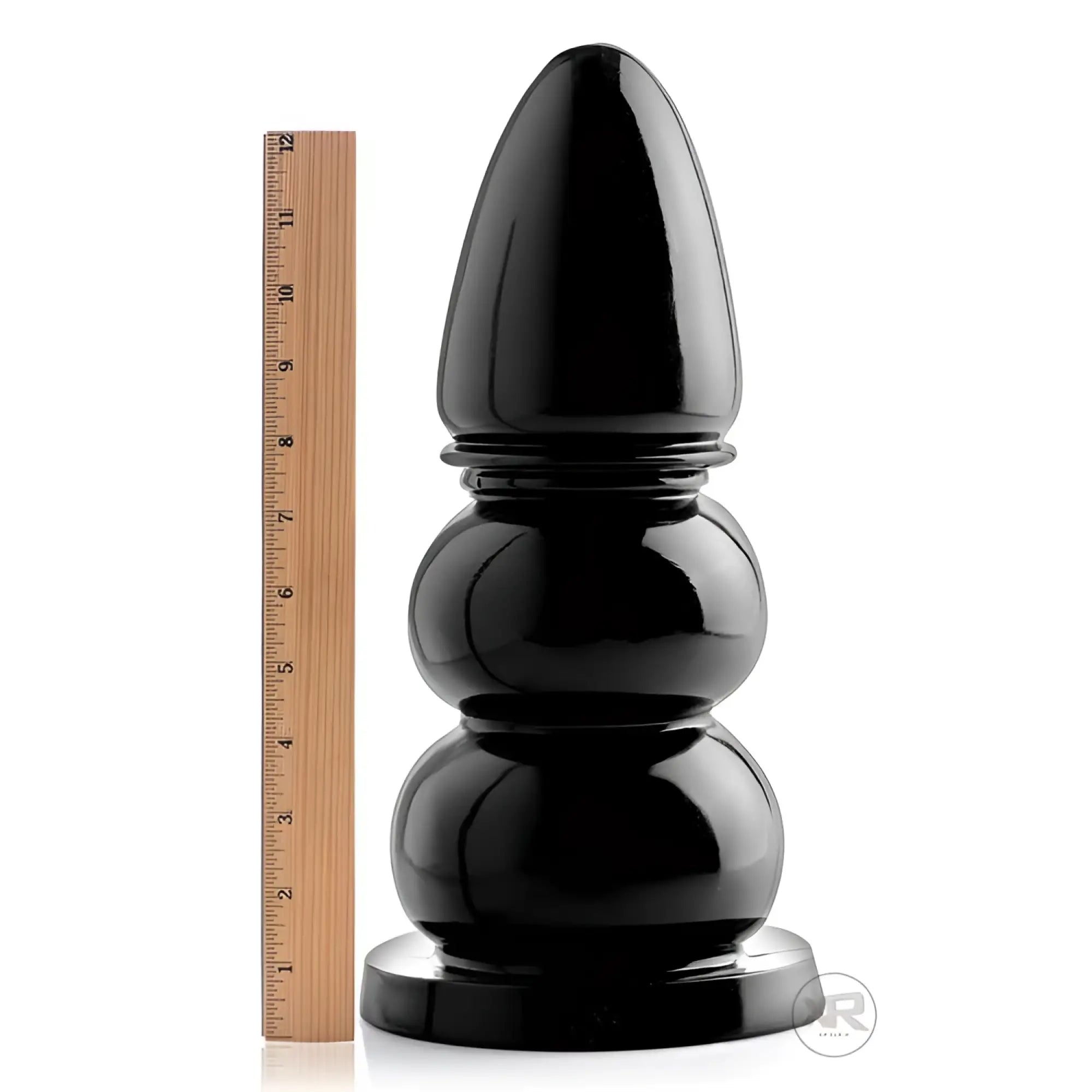 Master Series Wrecking Balls XXL: A glossy black, triple-bulb dildo shown next to a 12-inch ruler for scale.