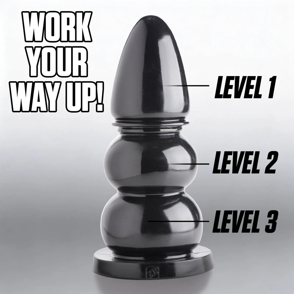 Master Series Wrecking Balls XXL: A shiny black, multi-tiered dildo on a base with "Level 1-3" size markers.
