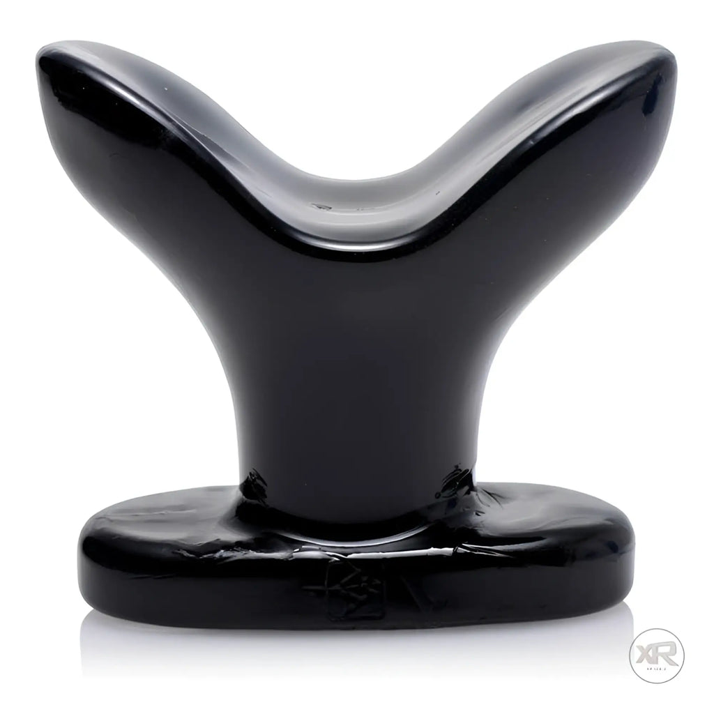 Master Series XL Ass Anchor, a smooth, glossy black flared anal plug with a wide, Y-shaped design on a flat base.