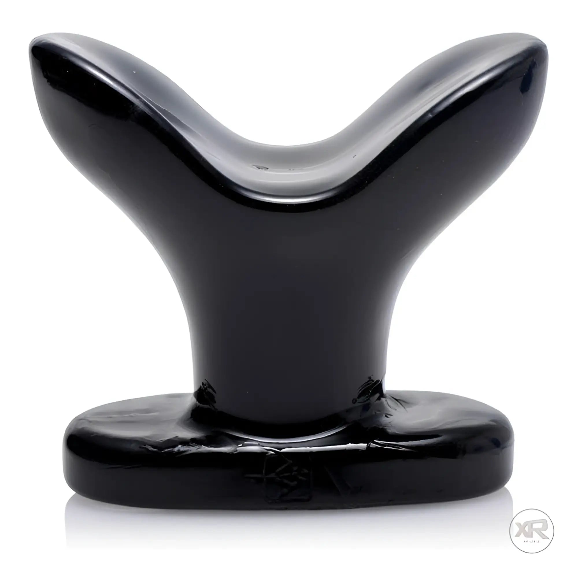 Master Series XL Ass Anchor, a smooth, glossy black flared anal plug with a wide, Y-shaped design on a flat base.