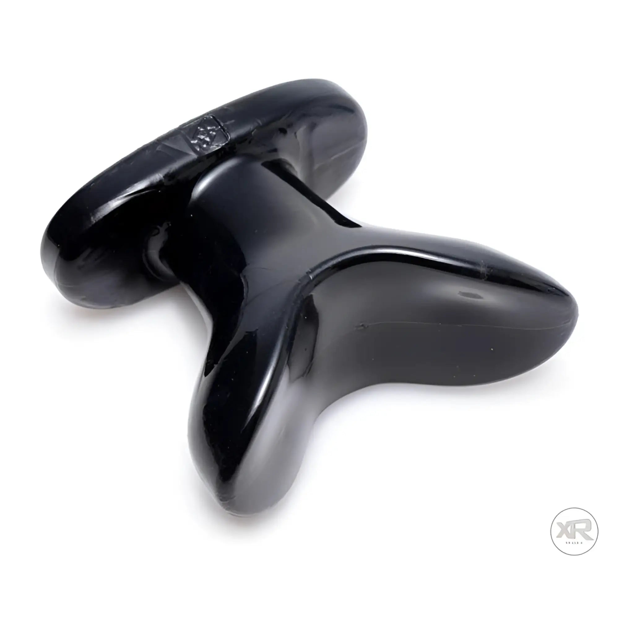 Master Series XL Ass Anchor, a smooth, glossy black flared anal plug with a wide, curved T-shaped base.
