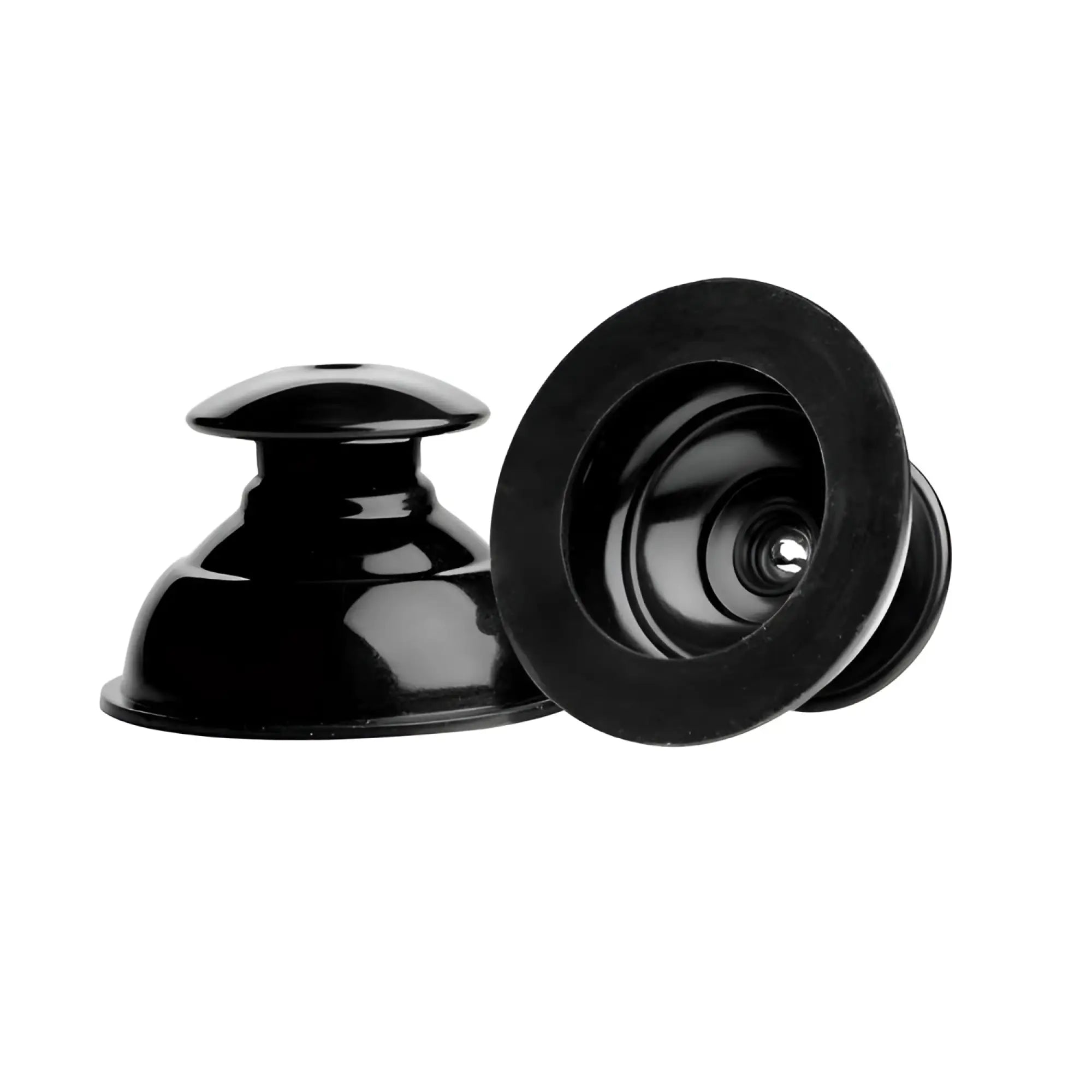Master Series XL Plungers: Two glossy, black, bell-shaped nipple suction cups shown from side and front angles.