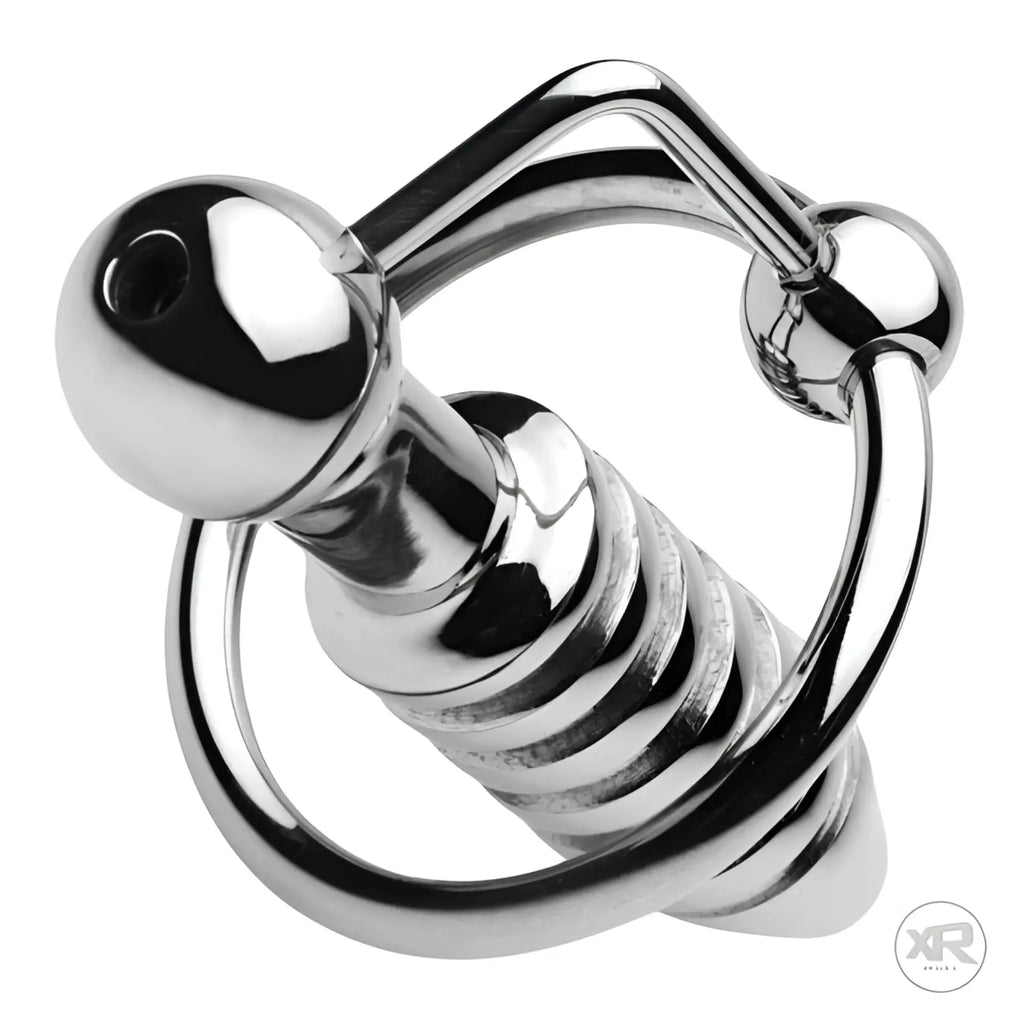 Master Series XL silver, hollow-core ribbed urethral plug with a matching circular base ring.