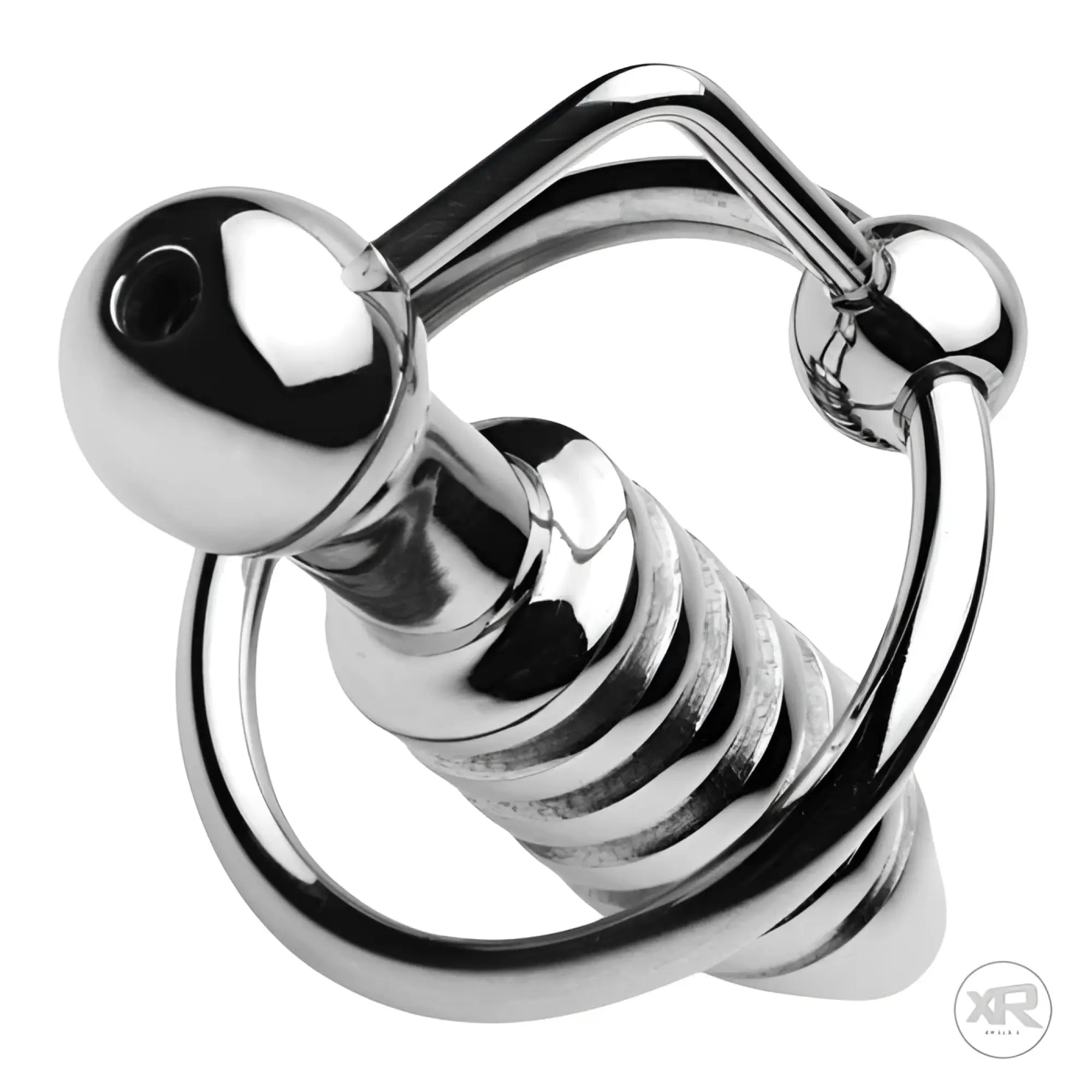 Master Series XL silver, hollow-core ribbed urethral plug with a matching circular base ring.