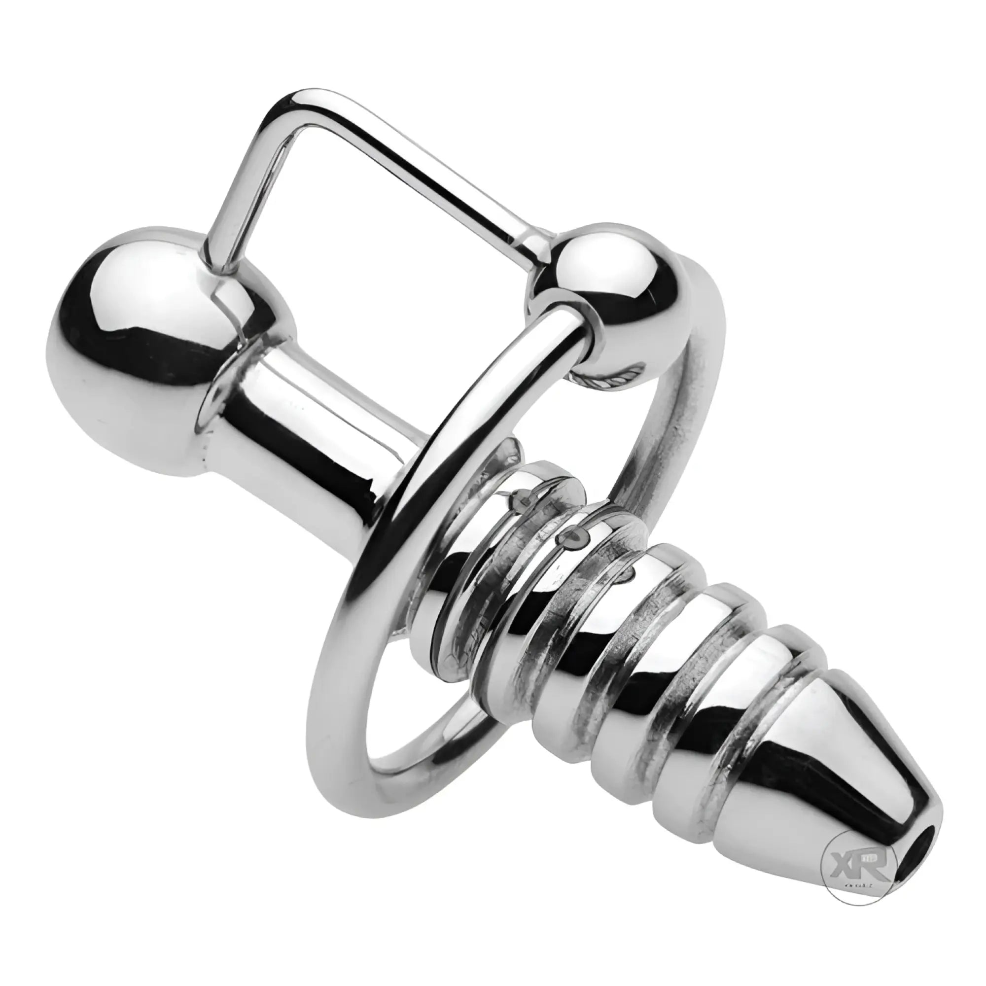 Master Series XL silver, ribbed urethral penis plug featuring a hollow core and a hinged retaining ring mechanism.