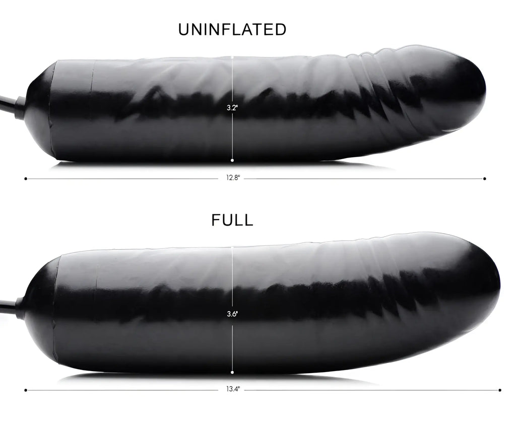 Master Series The XXL Inflatable Dildo in black, shown uninflated and fully inflated with measurement dimensions.