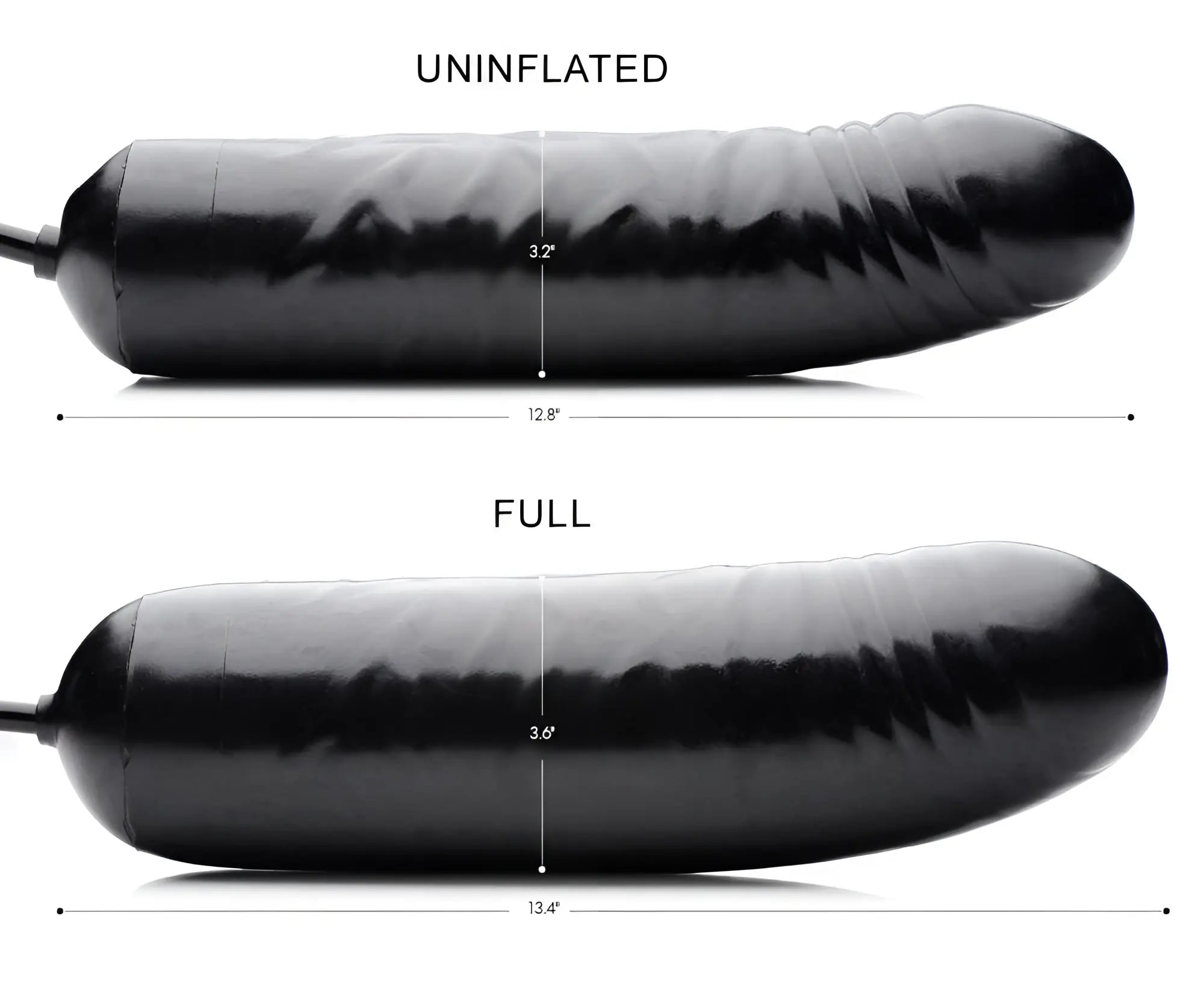 Master Series The XXL Inflatable Dildo in black, shown uninflated and fully inflated with measurement dimensions.