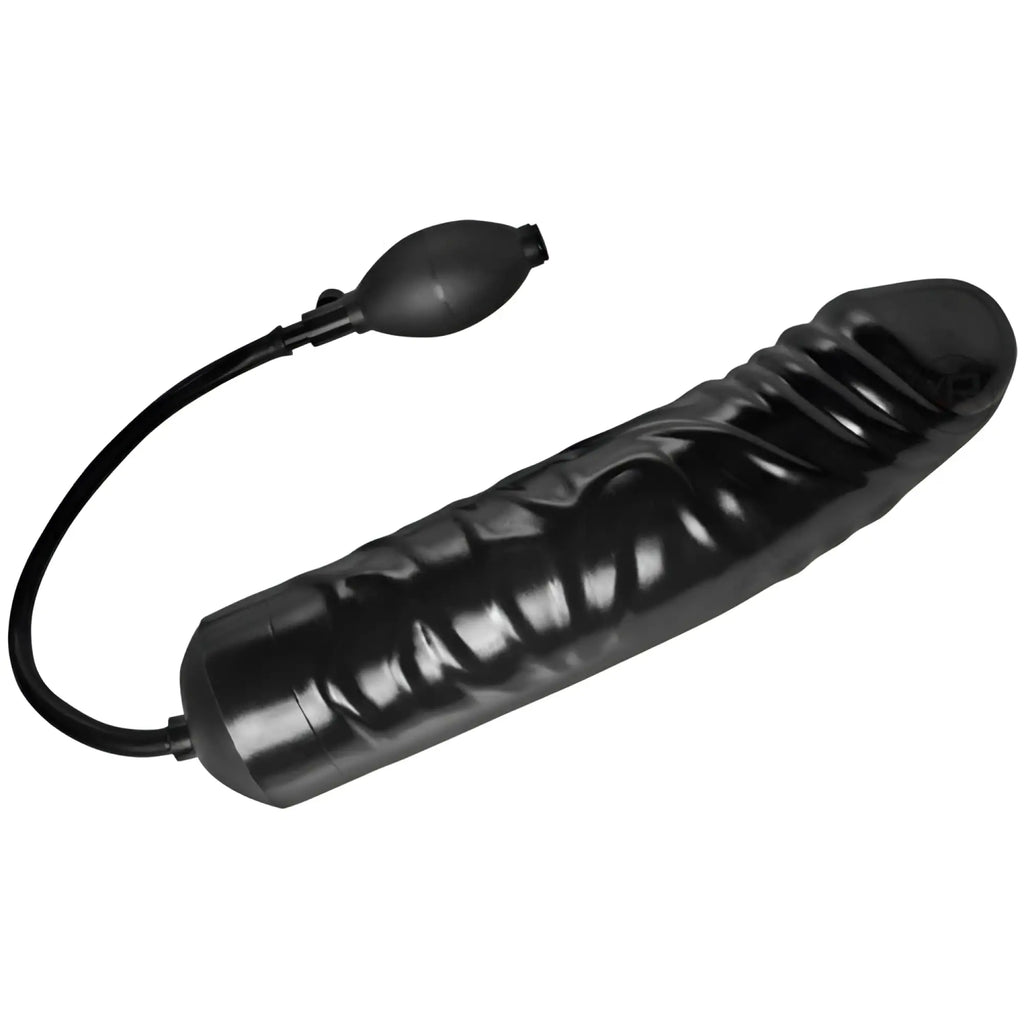 Master Series The XXL Inflatable Dildo: a long, black, textured inflatable dildo with an attached hand pump bulb.