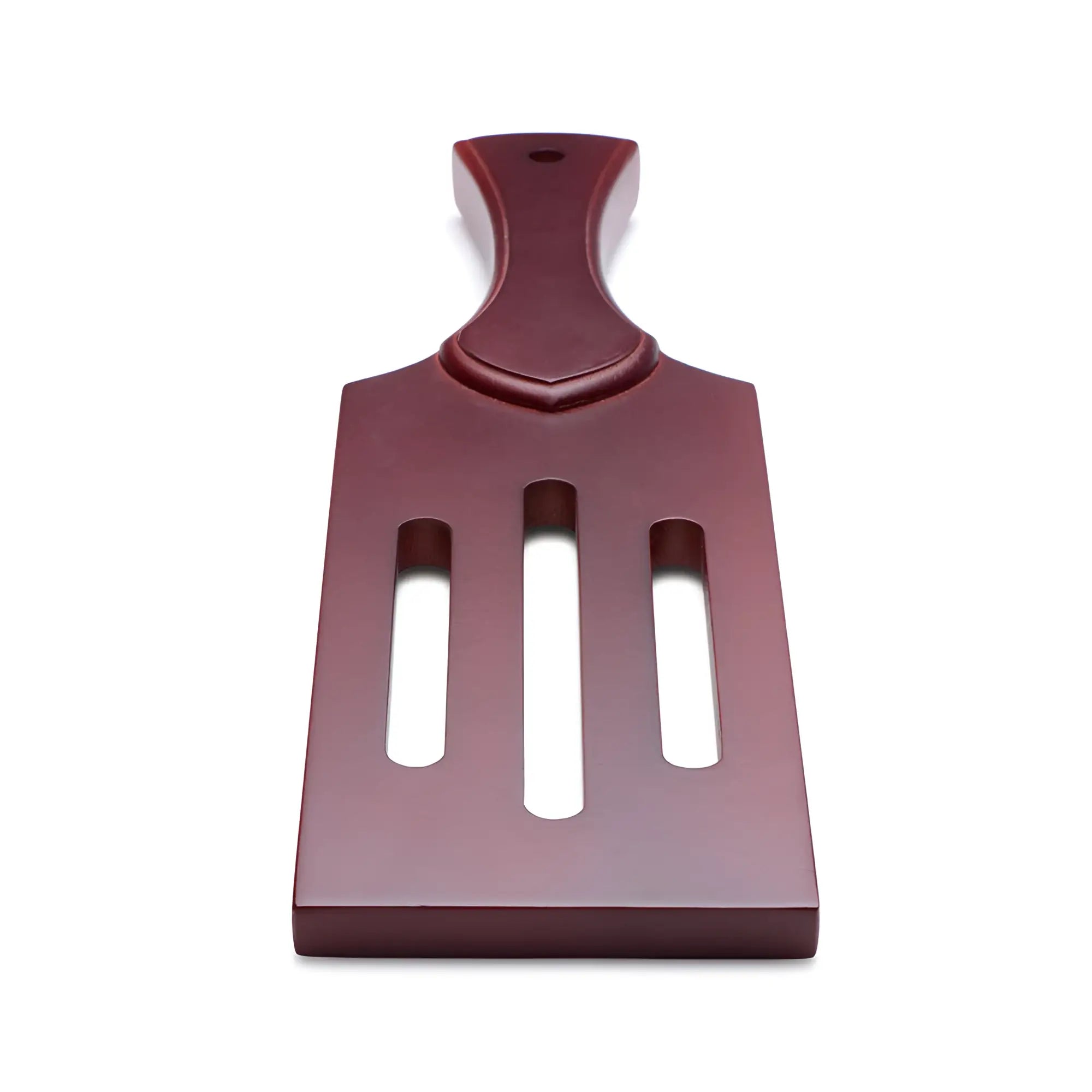 Maroon plastic masters wooden paddle spatula with three vertical slots and contoured handle for cooking tasks