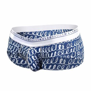 Men's boxer briefs featuring a navy blue and white abstract patterned fabric body with a white waistband printed with 'MALE BASICS' text.