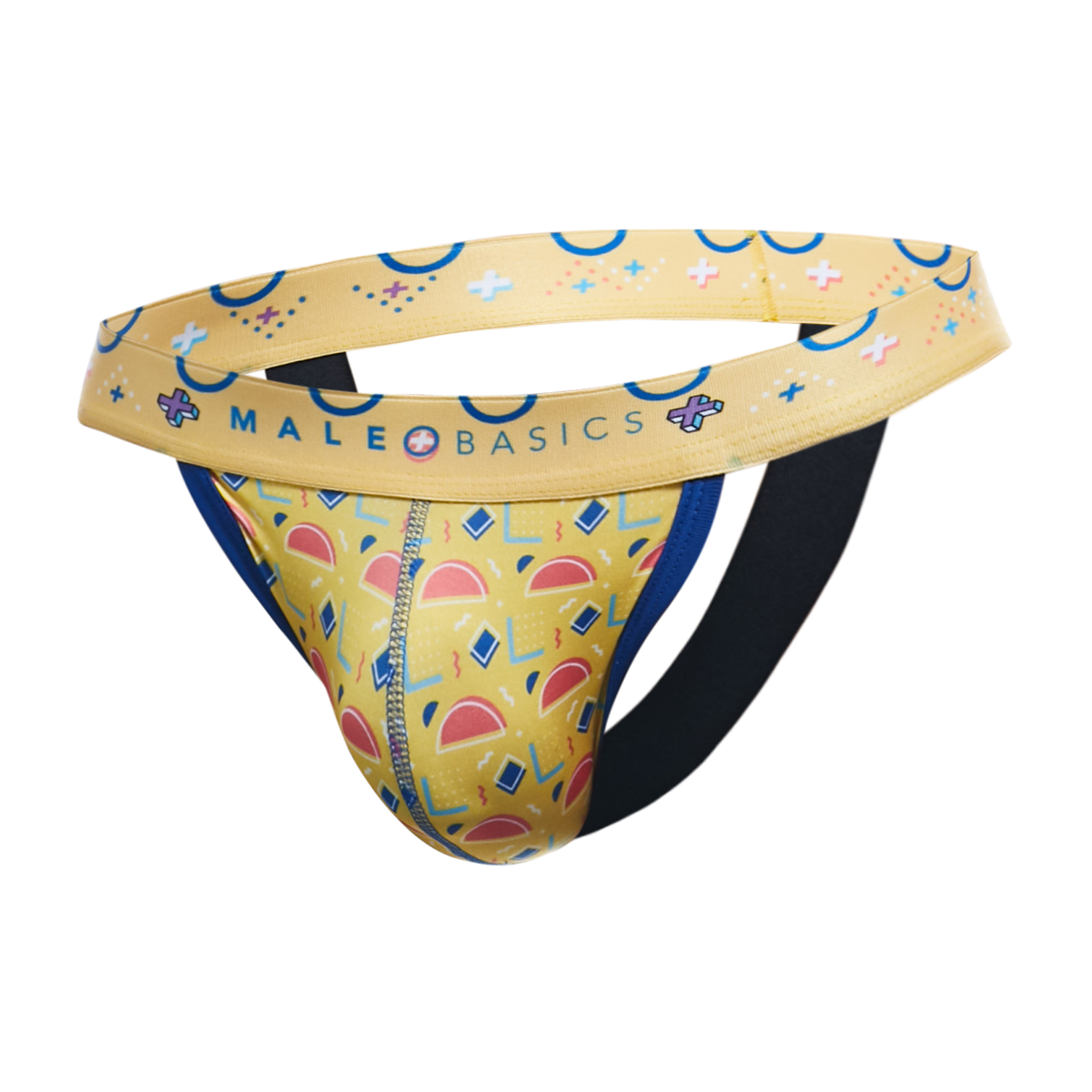 A men's jockstrap by MaleBasics featuring a yellow and blue geometric pattern, a wide yellow waistband with blue accents, and a black elastic leg strap, shown against a plain white background.