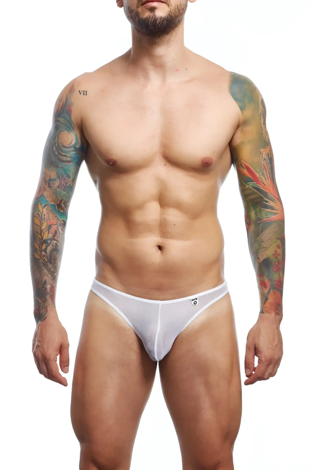 White mesh mob sheer thong briefs with a small logo on the front made from breathable sheer fabric