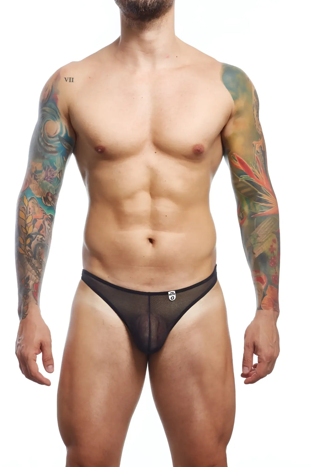 Black mesh mob sheer thong briefs with a subtle logo on the front made from sheer breathable material