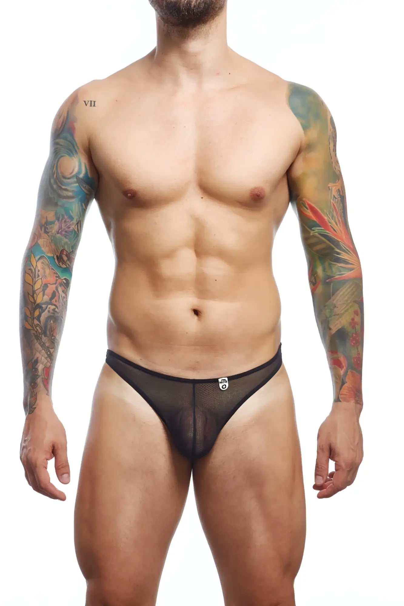 Black mesh mob sheer thong briefs with a subtle logo on the front made from sheer breathable material
