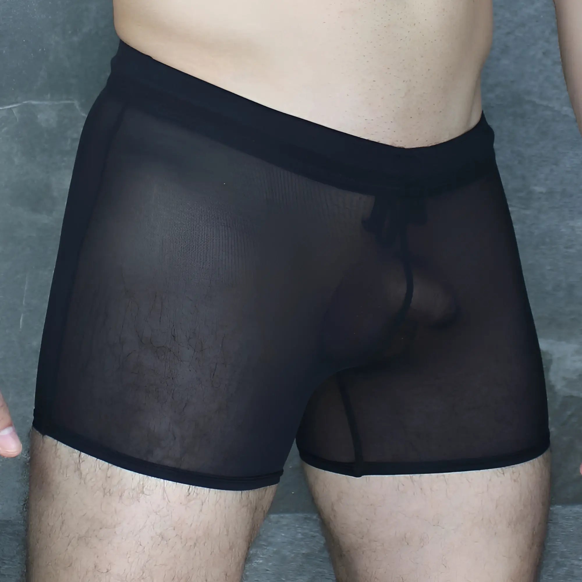 Mckillop DAUS tackle shorts ultra mesh black sheer mesh boxer briefs with solid black elastic waistband and drawstring