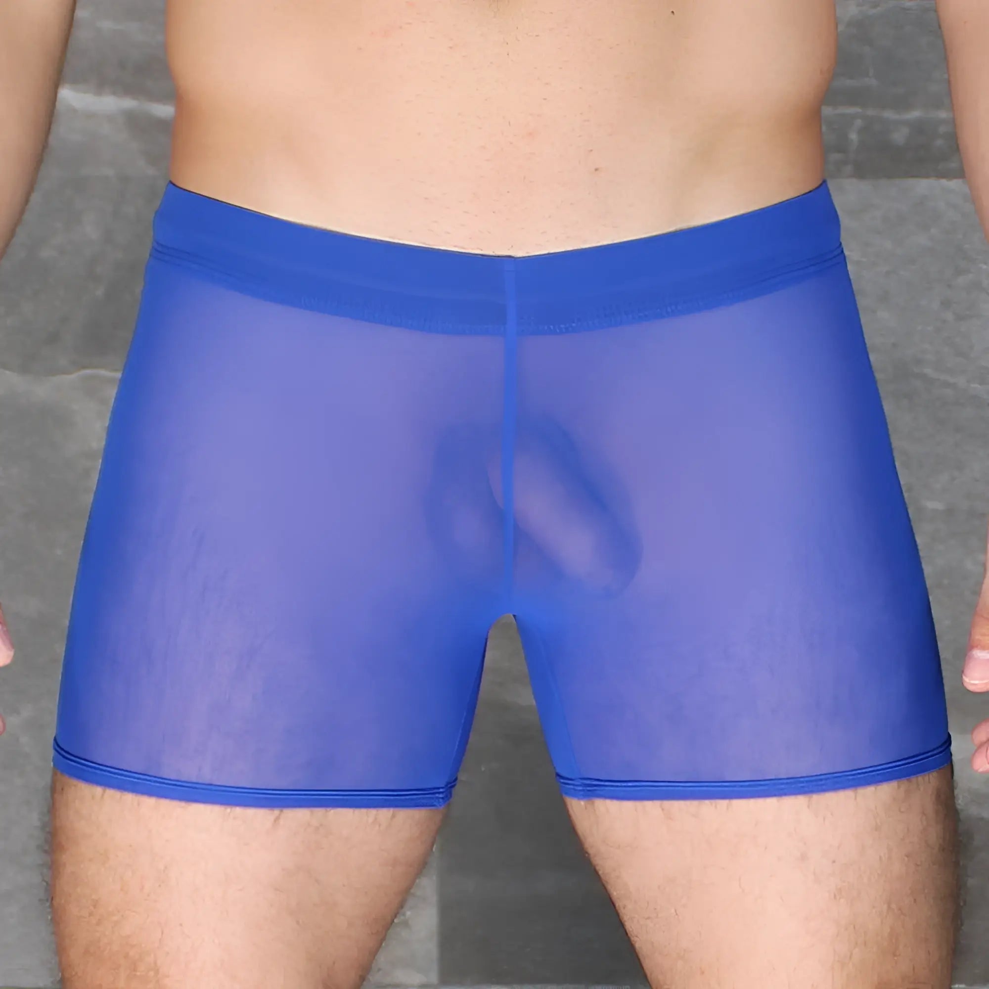 Blue sheer mesh briefs with a solid blue waistband from mckillop daus tackle shorts ultra mesh collection