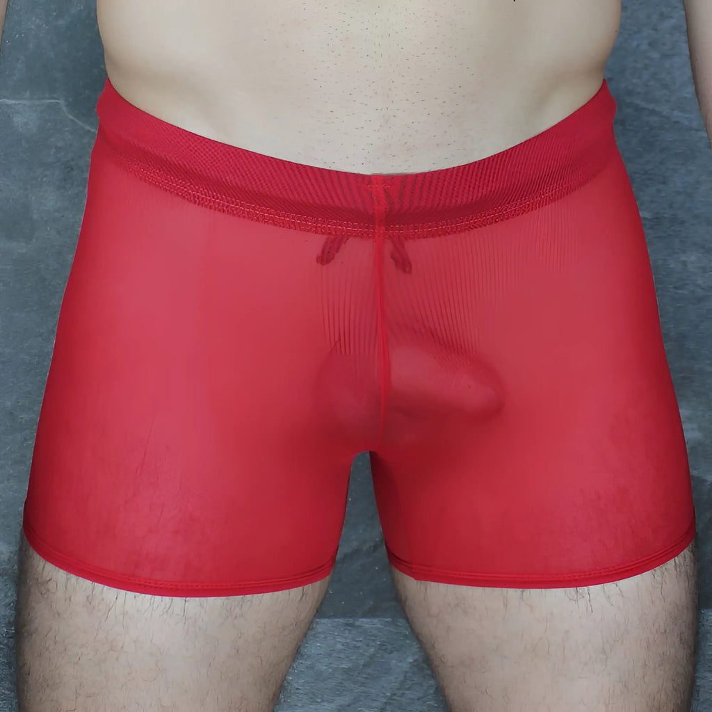 Red sheer mesh briefs with ribbed elastic waistband and drawstring from mckillop daus tackle shorts ultra mesh collection