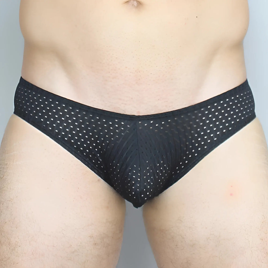 Black mesh mckillop gbpl gravity brief expose lycra with small white dots pattern for breathable comfort