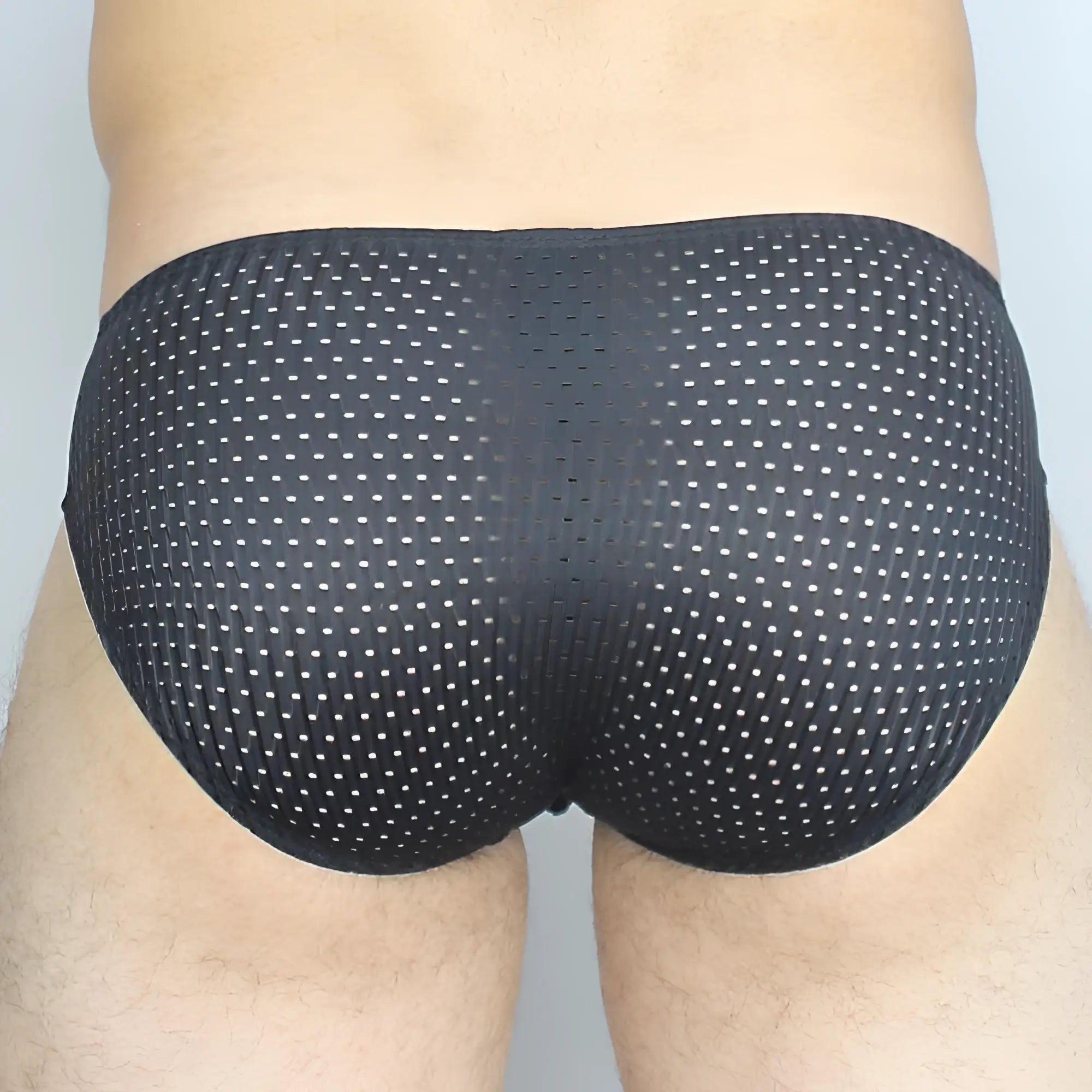 Black mesh mckillop gbpl gravity brief expose lycra briefs with subtle white dot pattern and breathable fabric