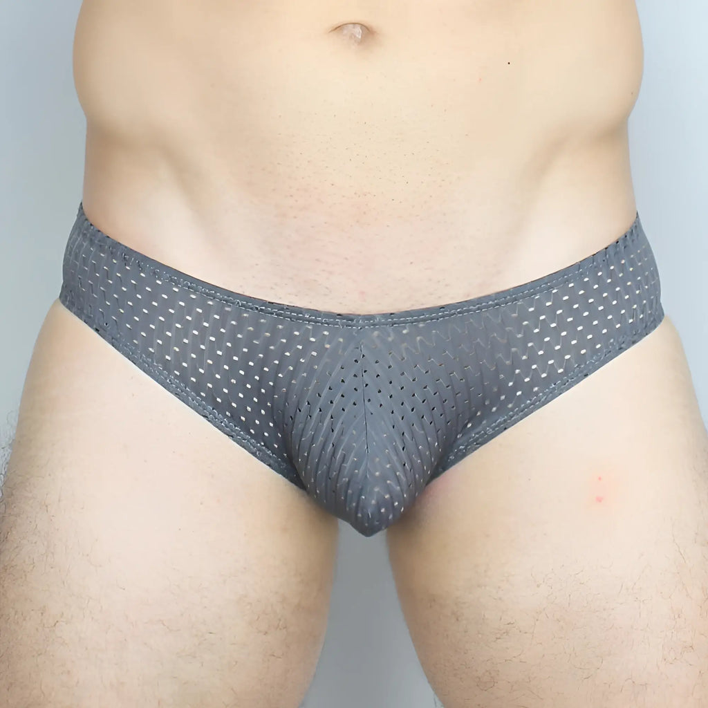 Gray mesh mckillop gbpl gravity brief expose lycra briefs with subtle small white dot pattern on front side