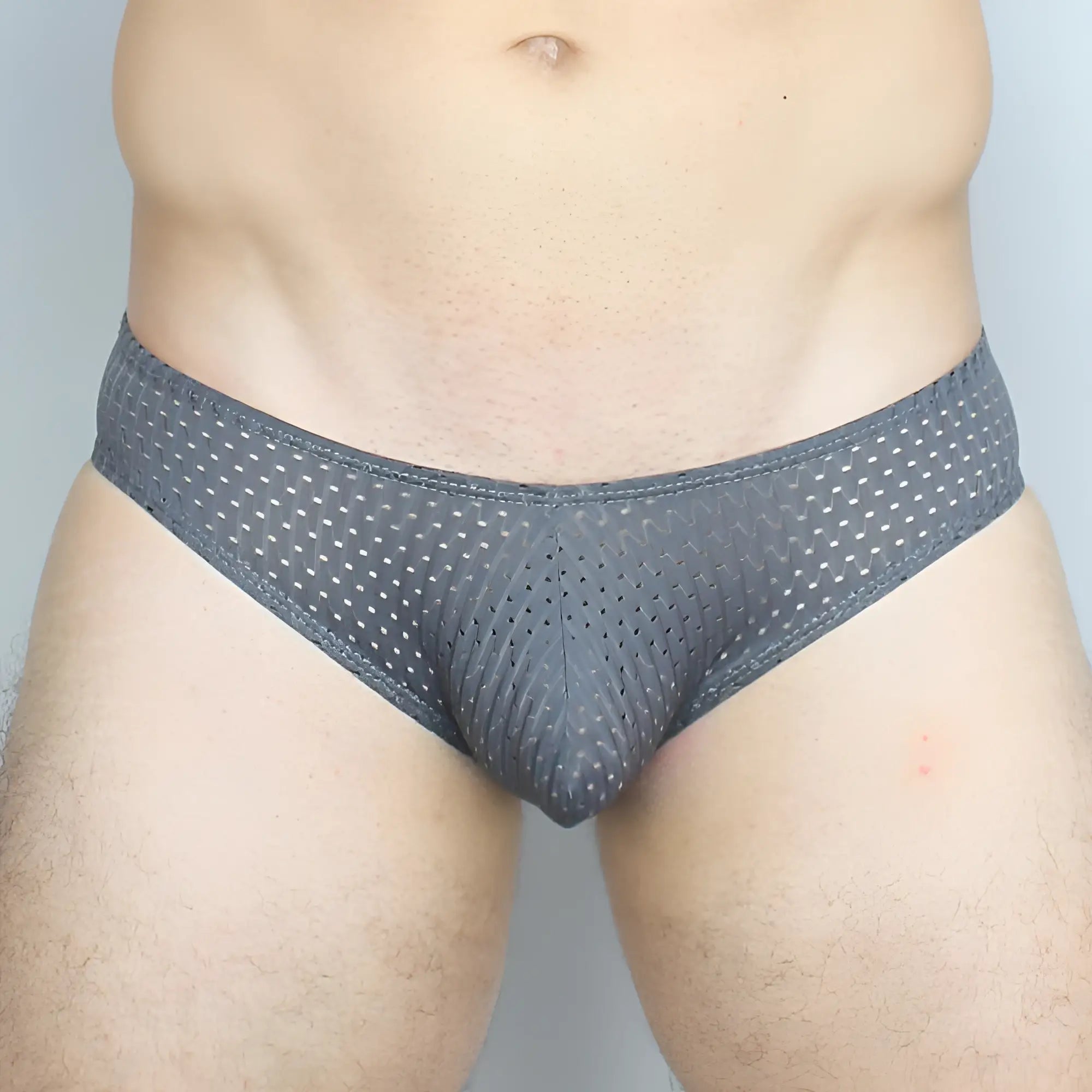Gray mesh mckillop gbpl gravity brief expose lycra briefs with subtle small white dot pattern on front side