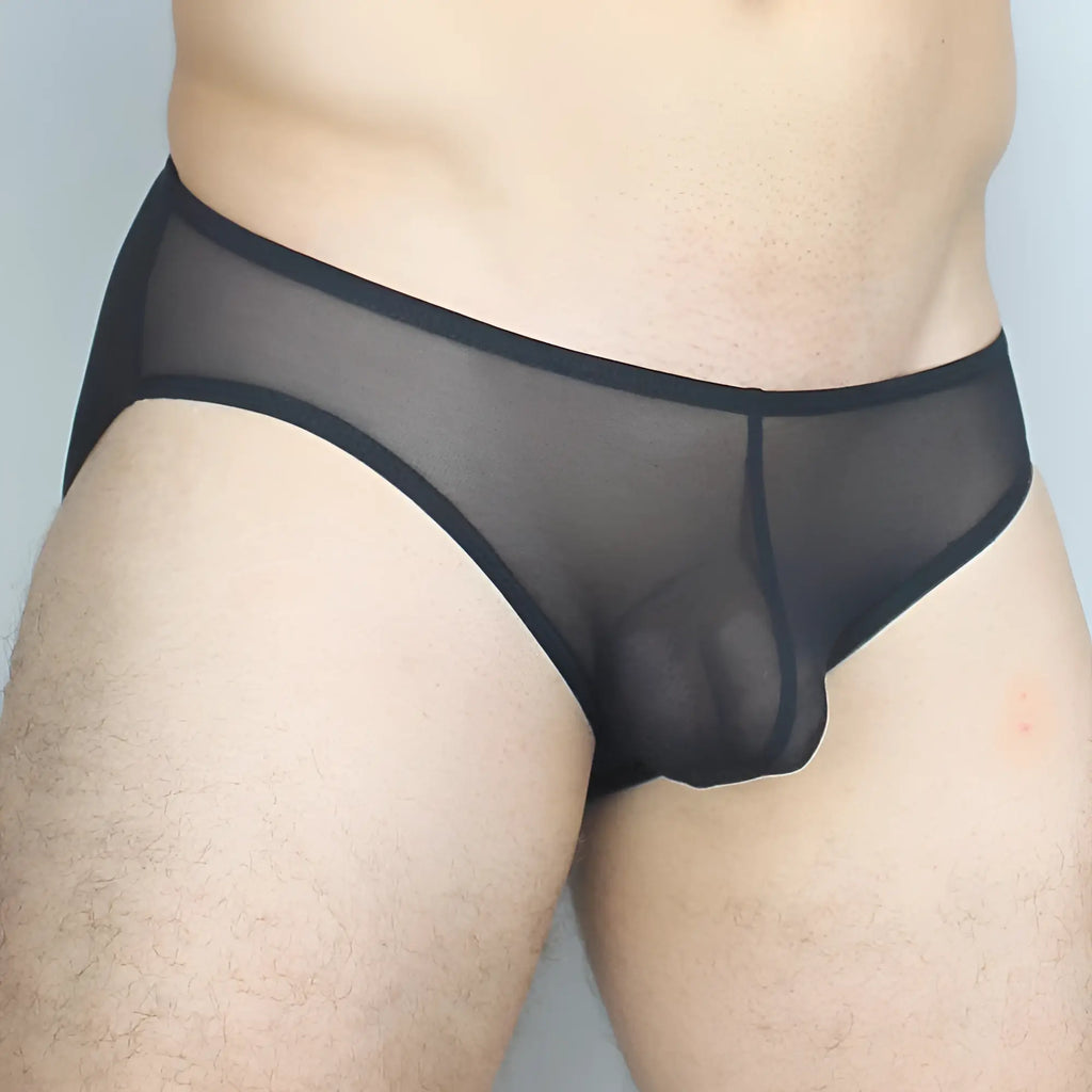 Black sheer mesh briefs with solid black waistband and leg openings from mckillop gbus gravity brief ultra mesh collection