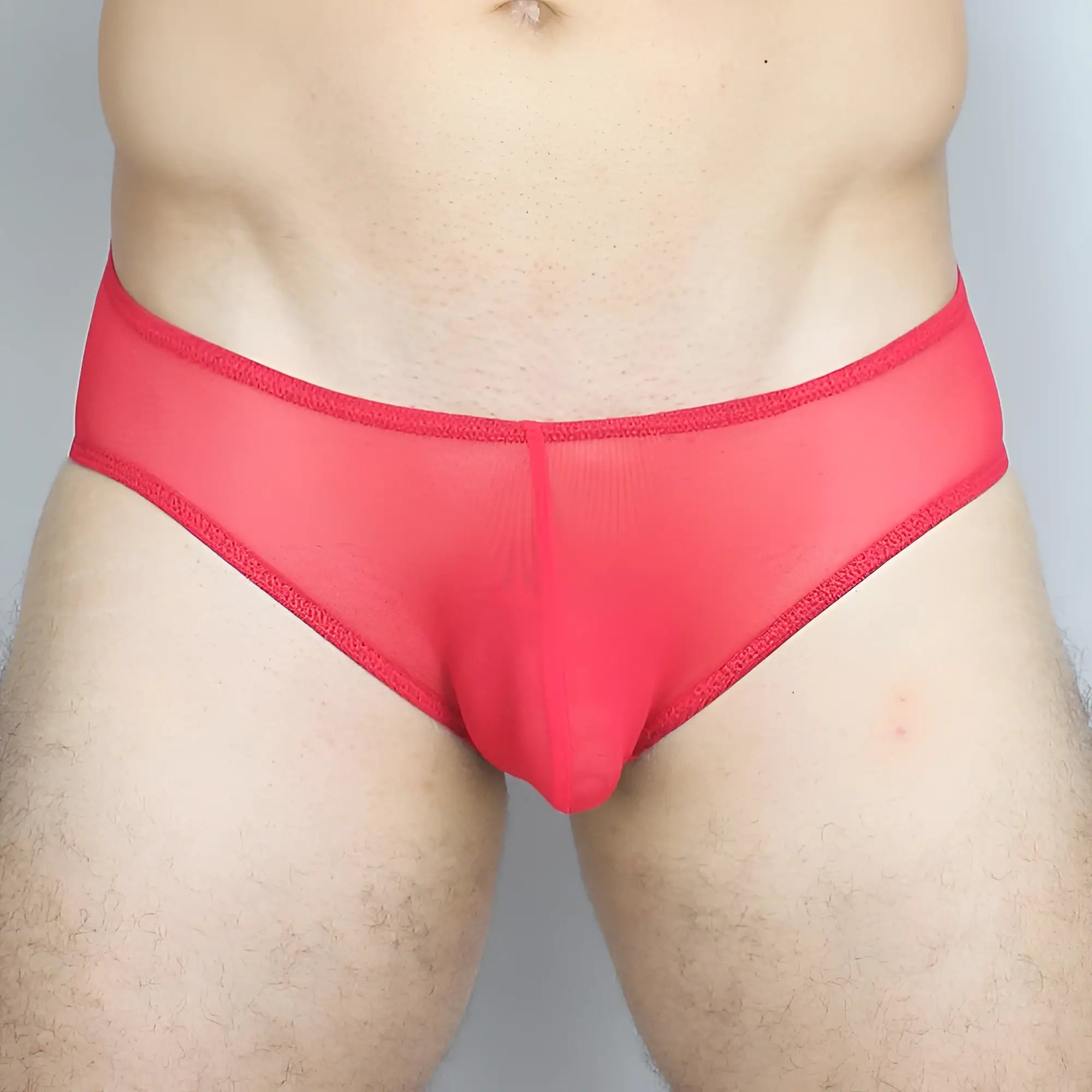 Red sheer mesh McKillop GBUS Gravity brief ultra mesh with a solid red elastic waistband