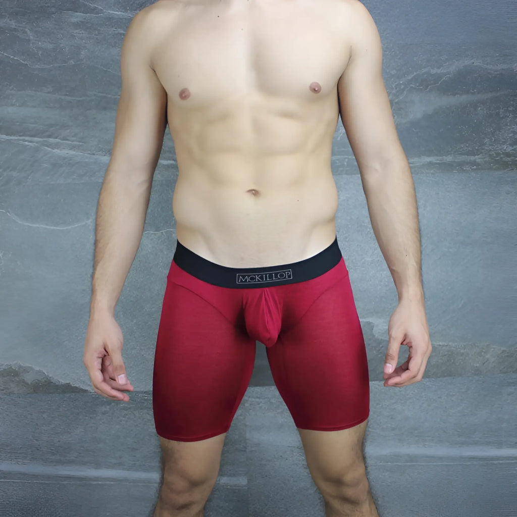 Red mckillop men’s burgundy modal knee long boxer briefs with black waistband size medium breathable underwear