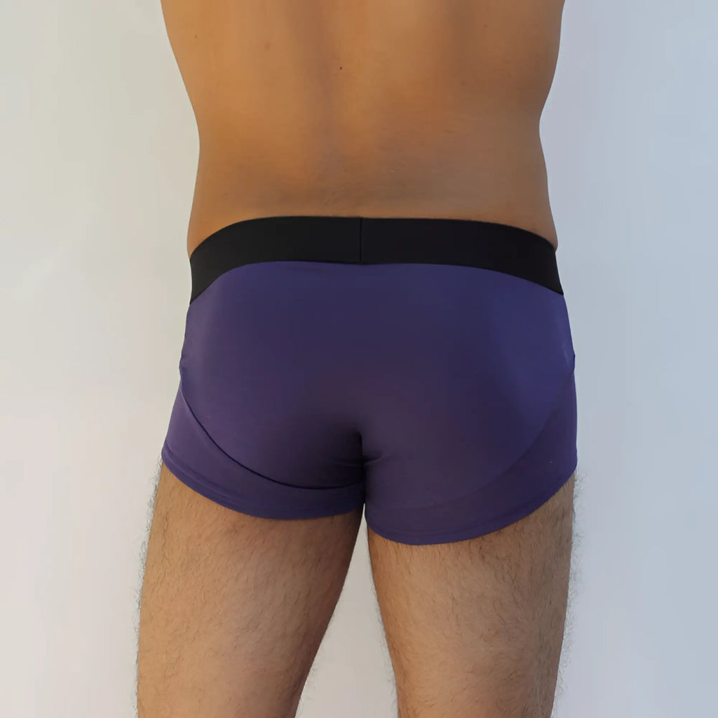 McKillop Jagger modal boxer brief underwear in eggplant with a black elastic waistband size S front view