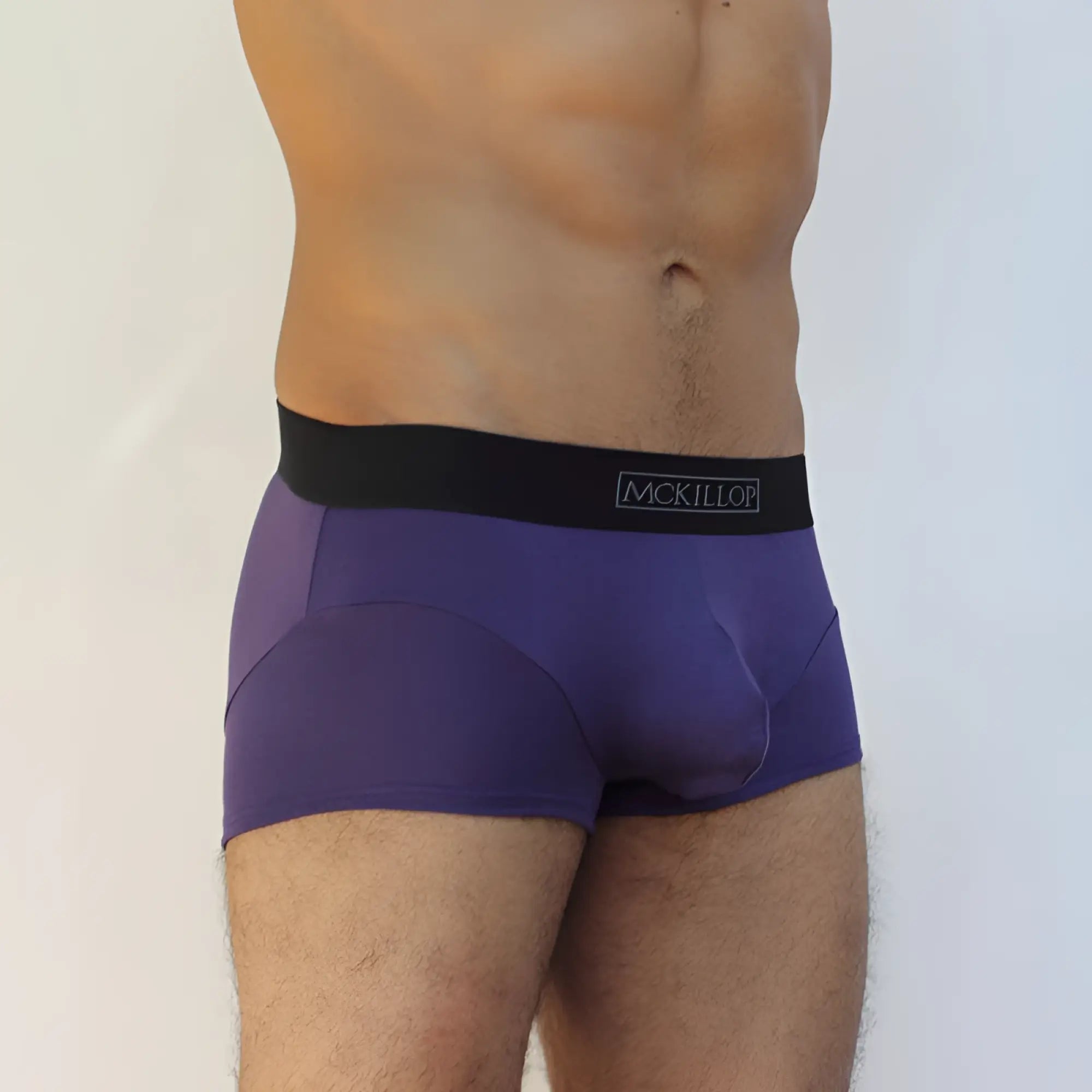 Purple mckillop jagger modal boxer brief underwear with black waistband and white logo in size small eggplant color