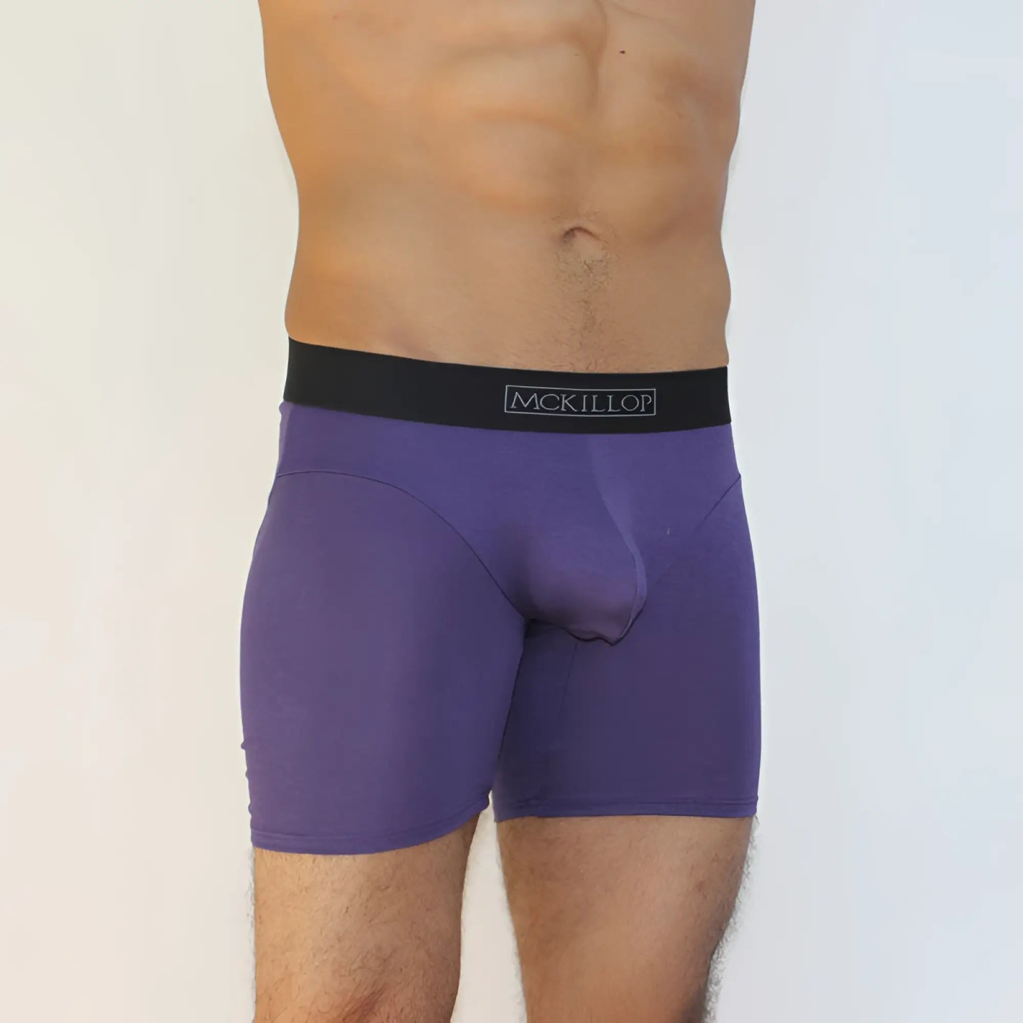 Purple mckillop modal long boxer briefs with a black waistband in eggplant color size m showing front side
