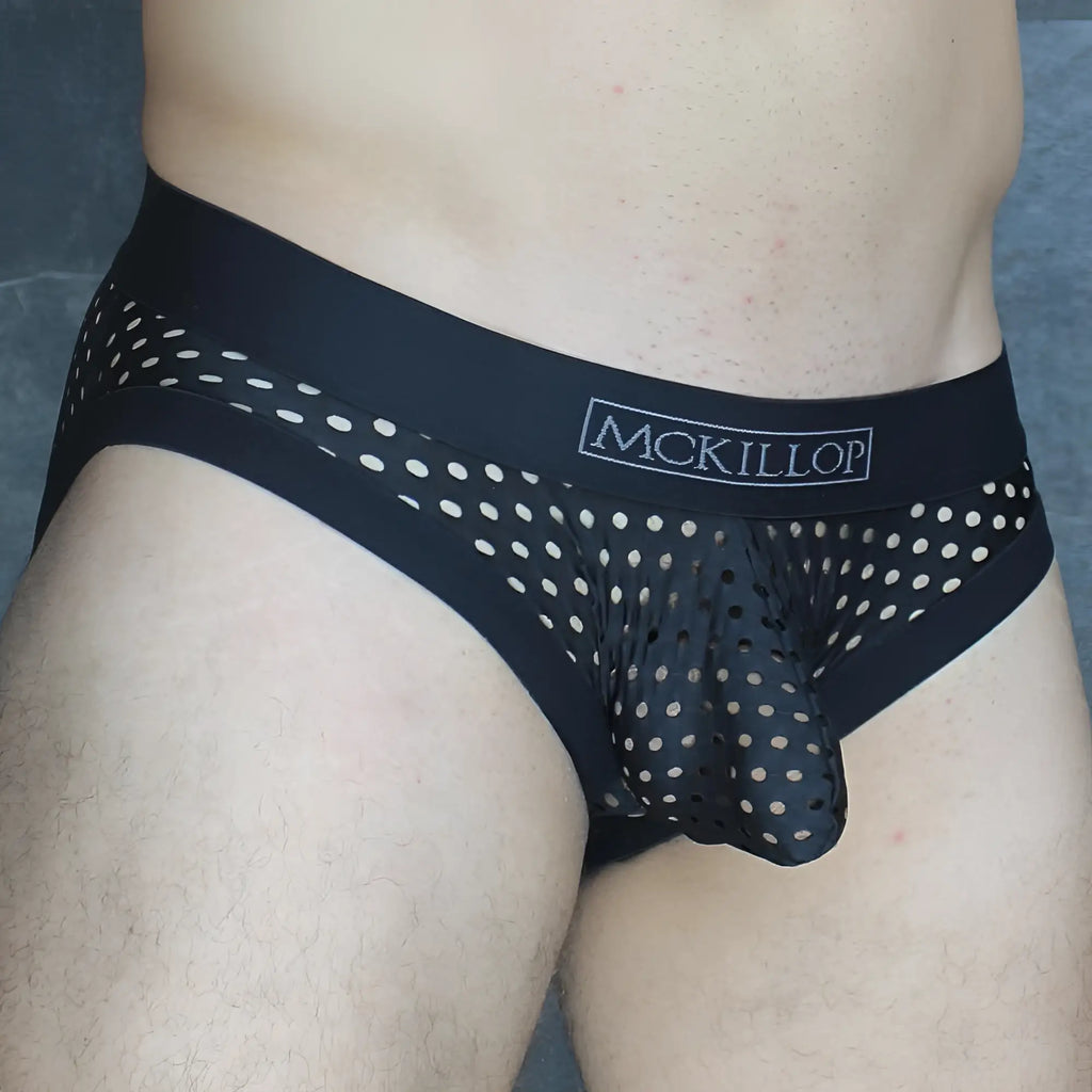 Mckillop MCKOBHQ brief black men’s underwear with sheer perforated mesh and white polka dot design