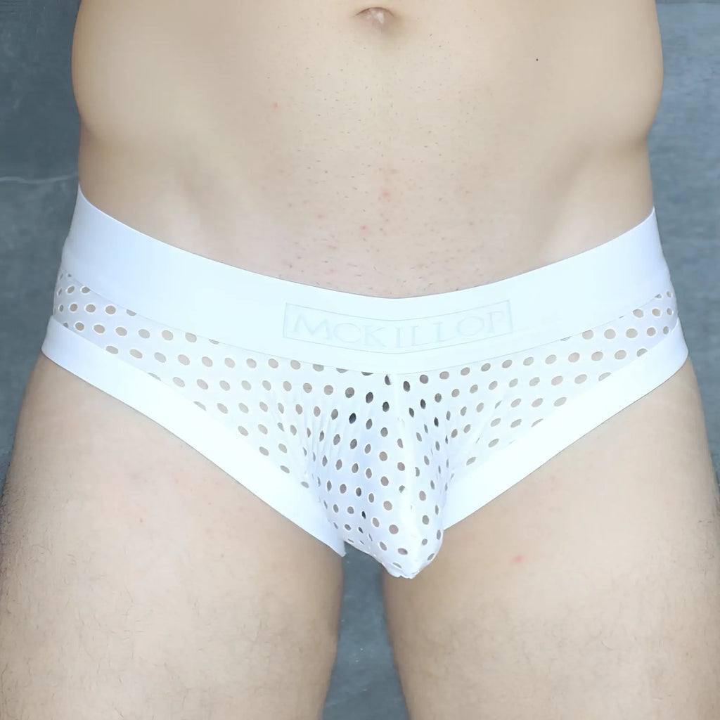 White mesh briefs with solid white waistband branded montlon mckillop mckobhq brief for comfortable wear