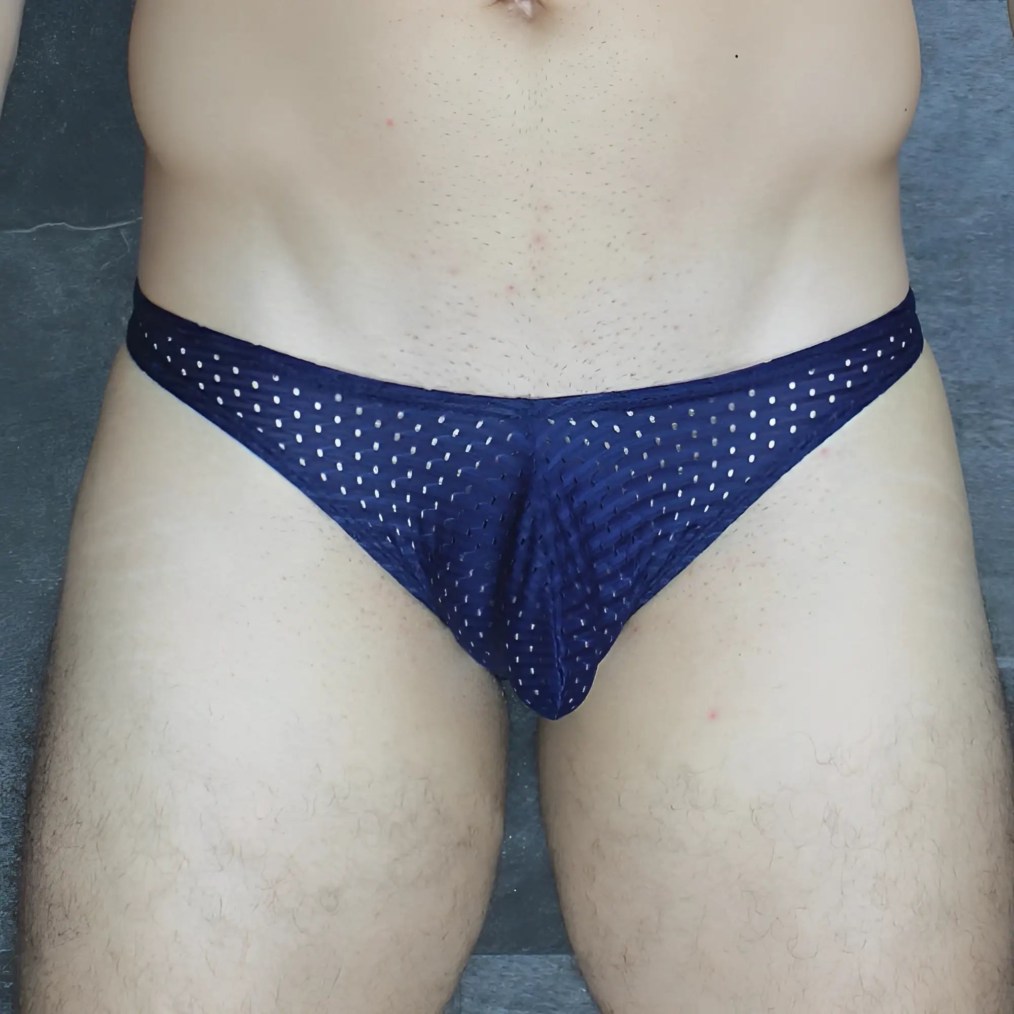 Mckillop MCKVKPL bikini brief in dark blue mesh with subtle white dot pattern for comfortable everyday wear
