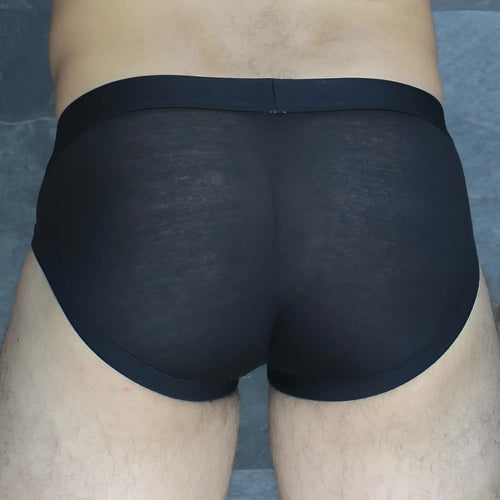 Mckillop obmo hoist brief modal black sheer mesh briefs with solid black elastic waistband front view
