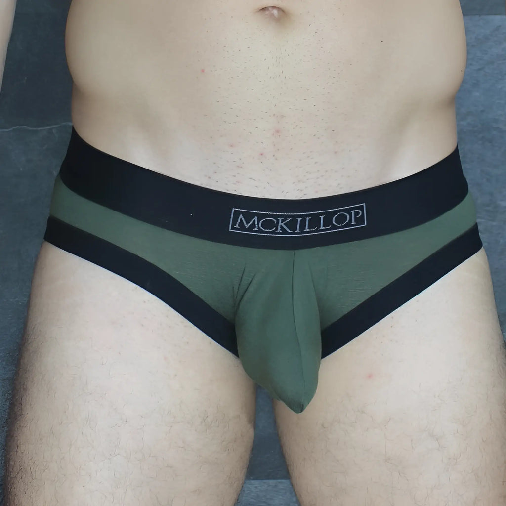 Olive green mckillop obmo hoist brief modal with black trim and central pouch for comfortable support