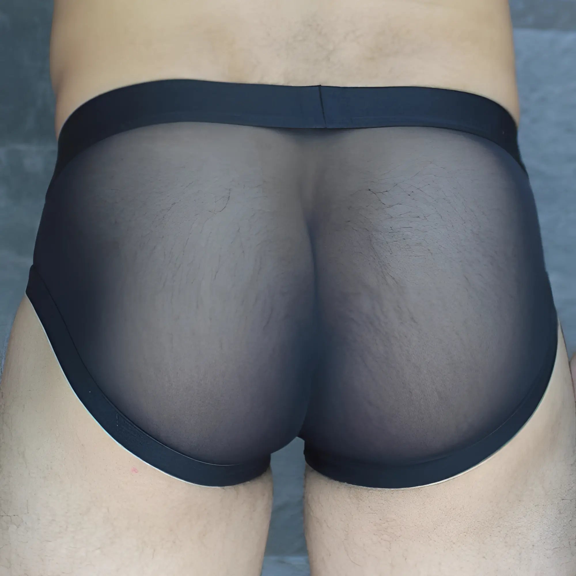 Black sheer mesh briefs with a solid black elastic waistband from mckillop obus hoist brief ultra mesh collection