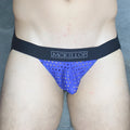 Blue perforated mesh briefs with black mckillop waistband in lycra for active support and comfort