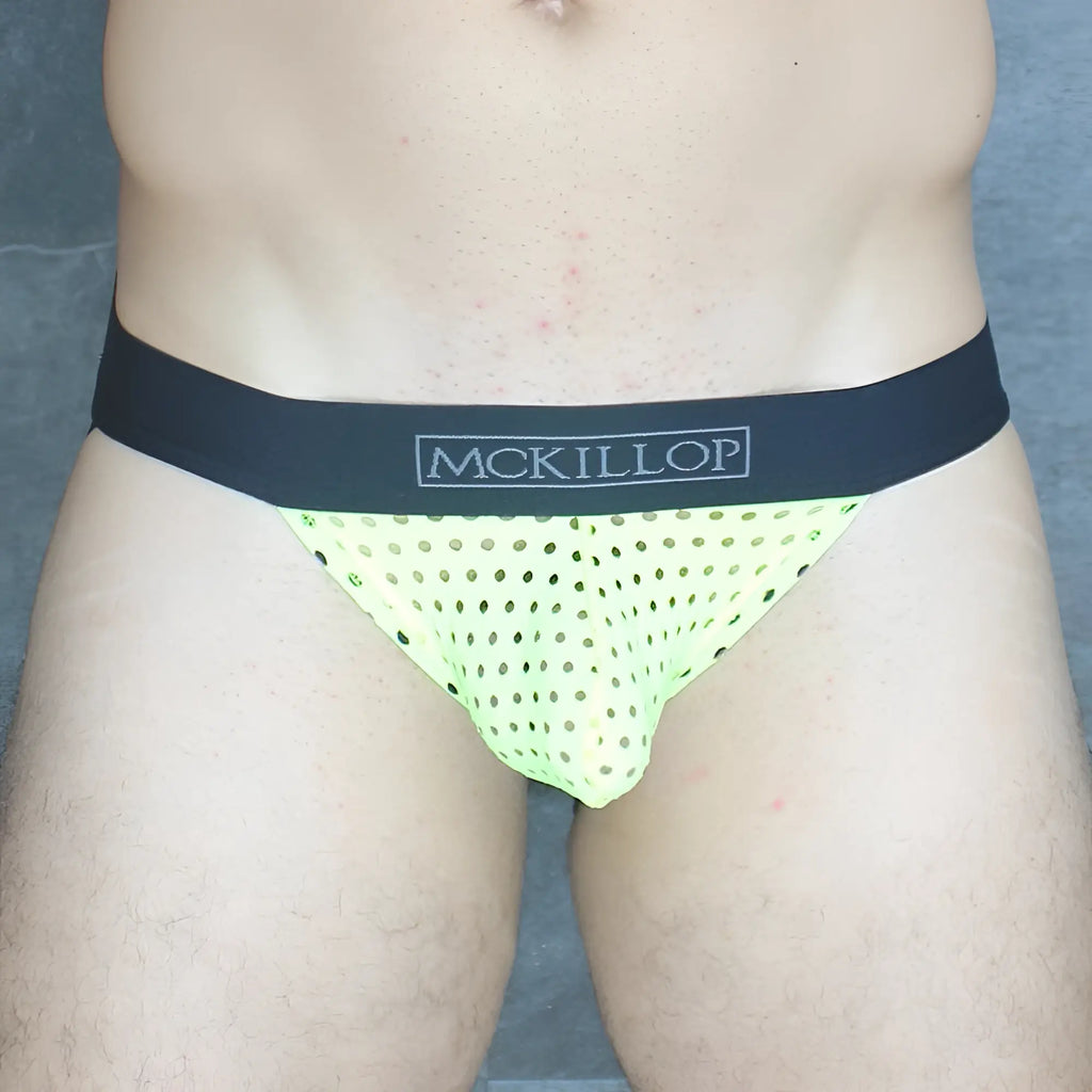 Mckillop ojhq hoist jock glory lycra neon green perforated mesh briefs with black waistband and mckillop branding
