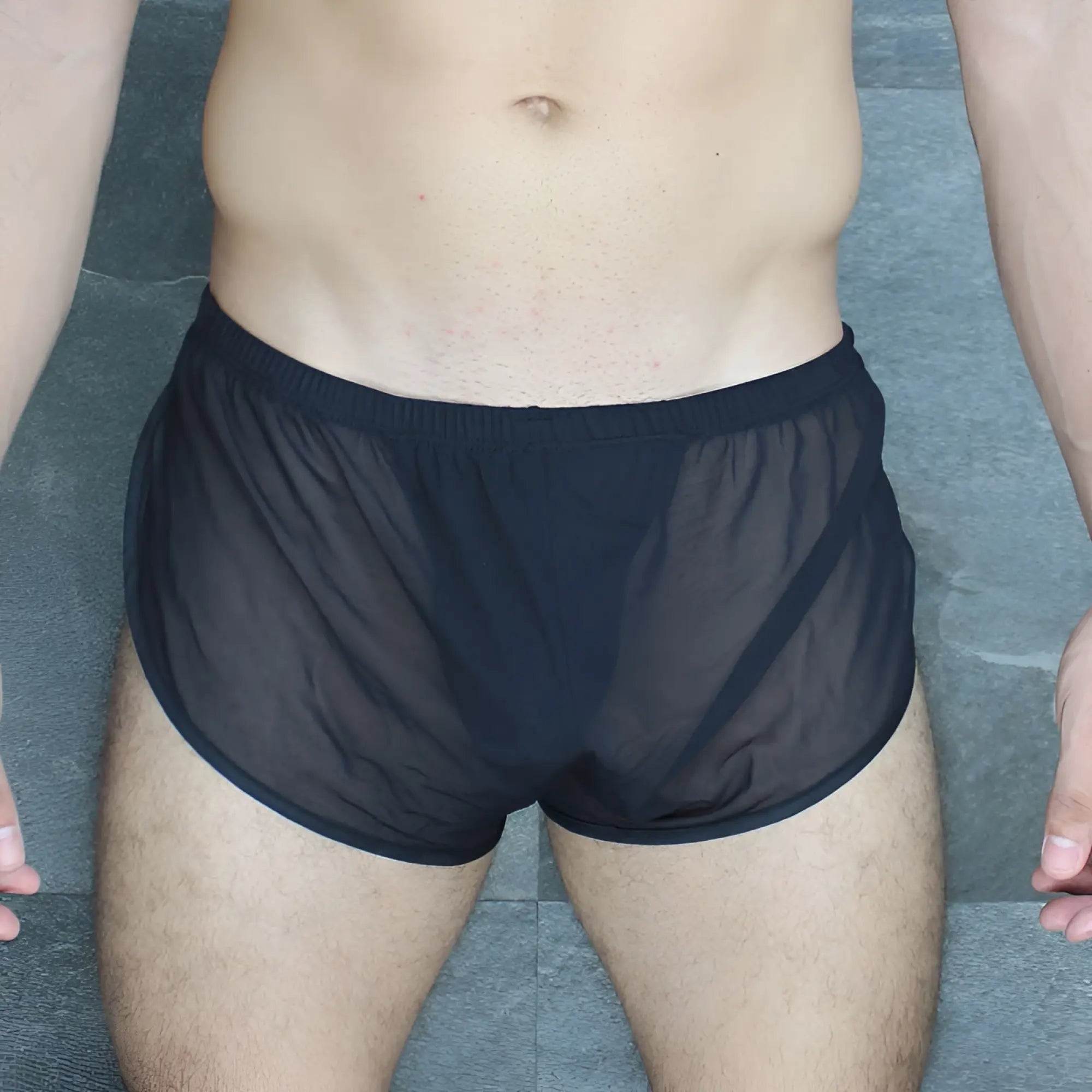 Black sheer mesh briefs with solid black elastic waistband mckillop run ultra mesh shorts size l
