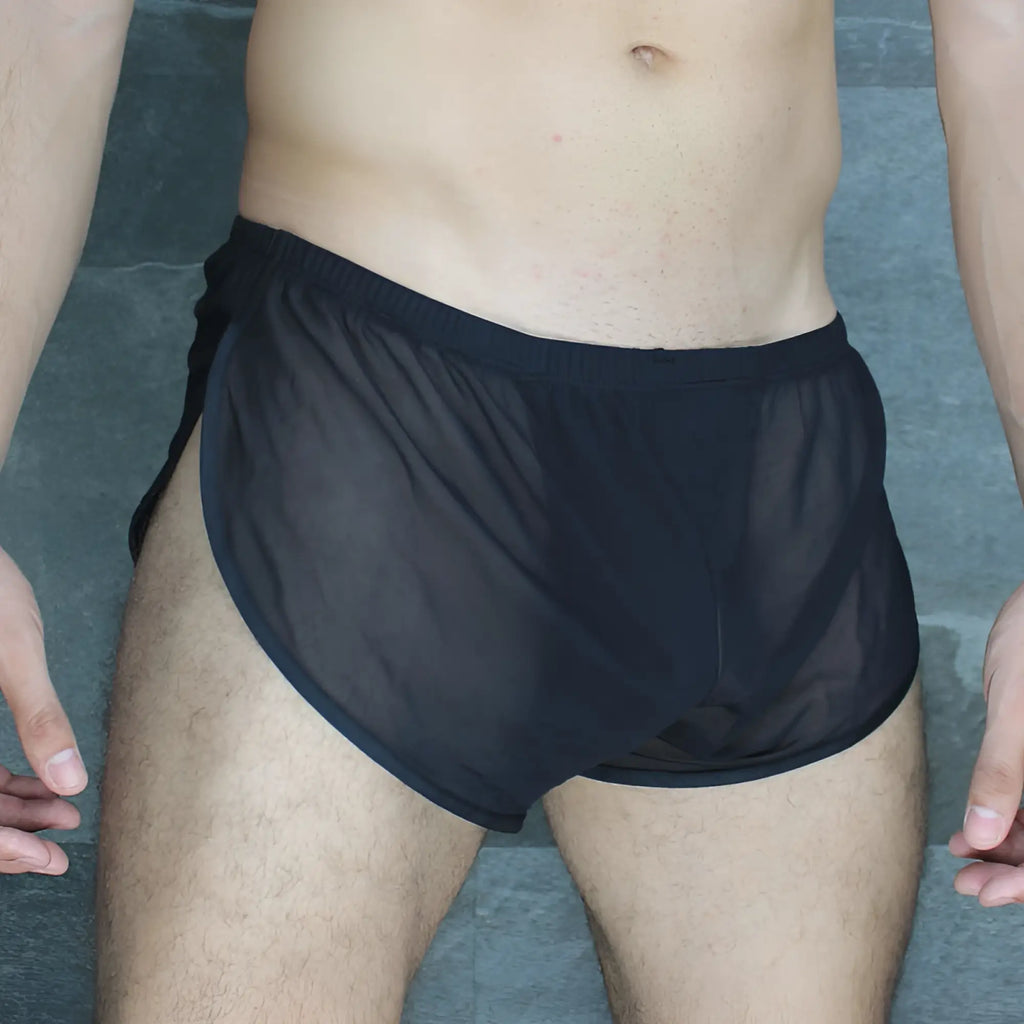 McKillop run ultra mesh shorts black l in black sheer mesh with solid black elastic waistband visible from the front