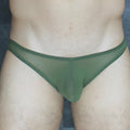 Olive green sheer mesh briefs from mckillop vkus hoist bikini ultra mesh showing the back side of the design