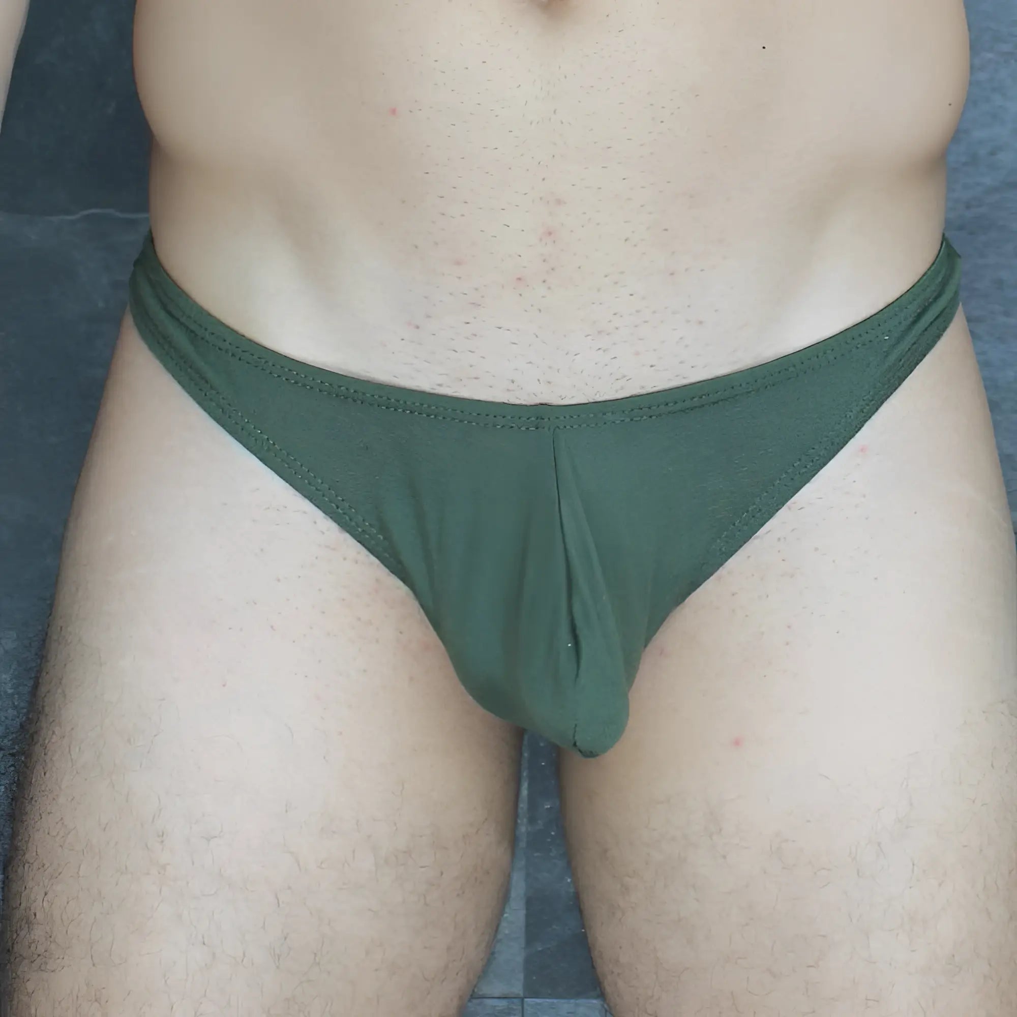 Olive green cotton briefs with central seam and stitched waistband from mckillop vtmo hoist thong modal collection